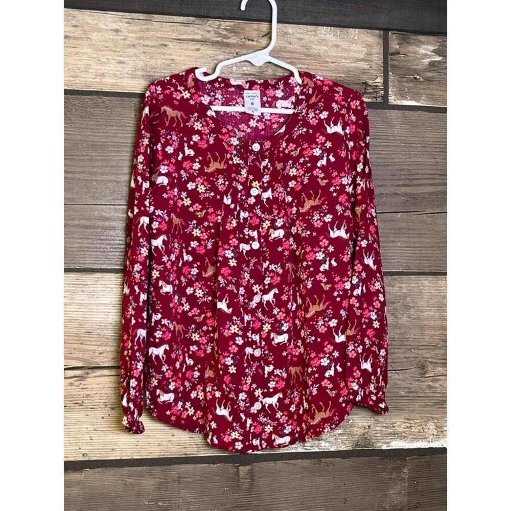 Horse Blouse Top Girls 8 LS Carters Red